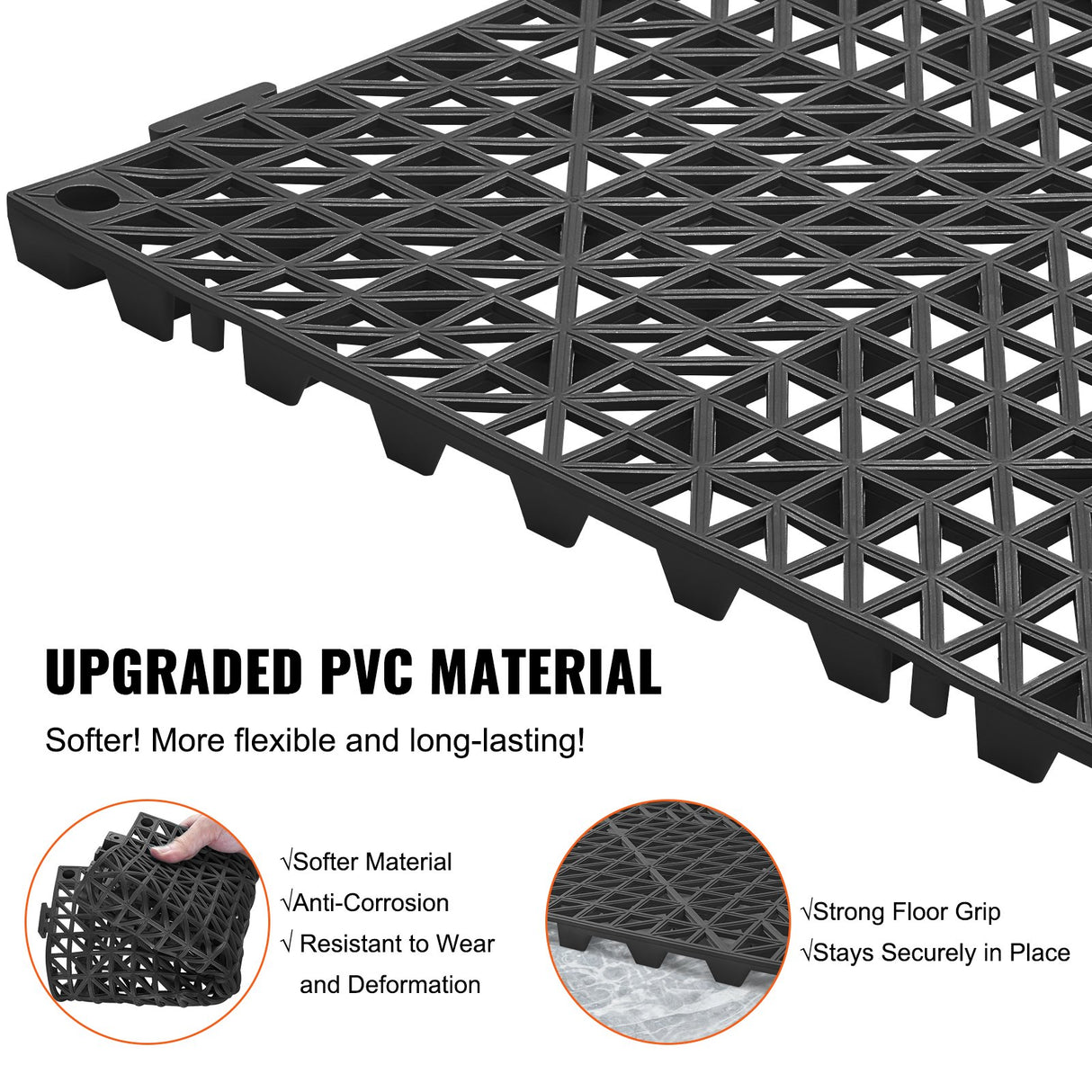 Fluela Interlocking Drainage Floor Mat, 30x30cm, PVC, Black, 12pcs