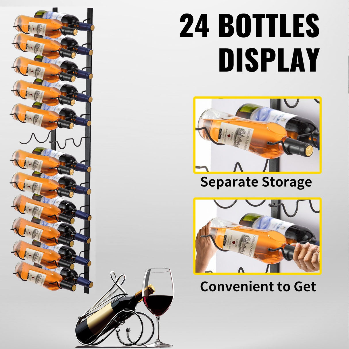 Wall mounted wine and towel rack for 24 bottles in black steel