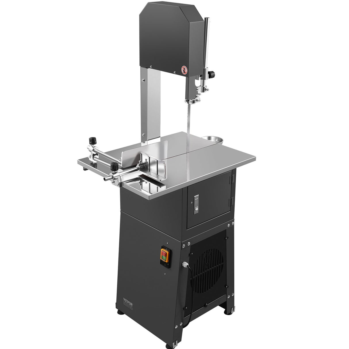 Commercial 550 W stainless steel meat bandsaw with grinding head on a bench