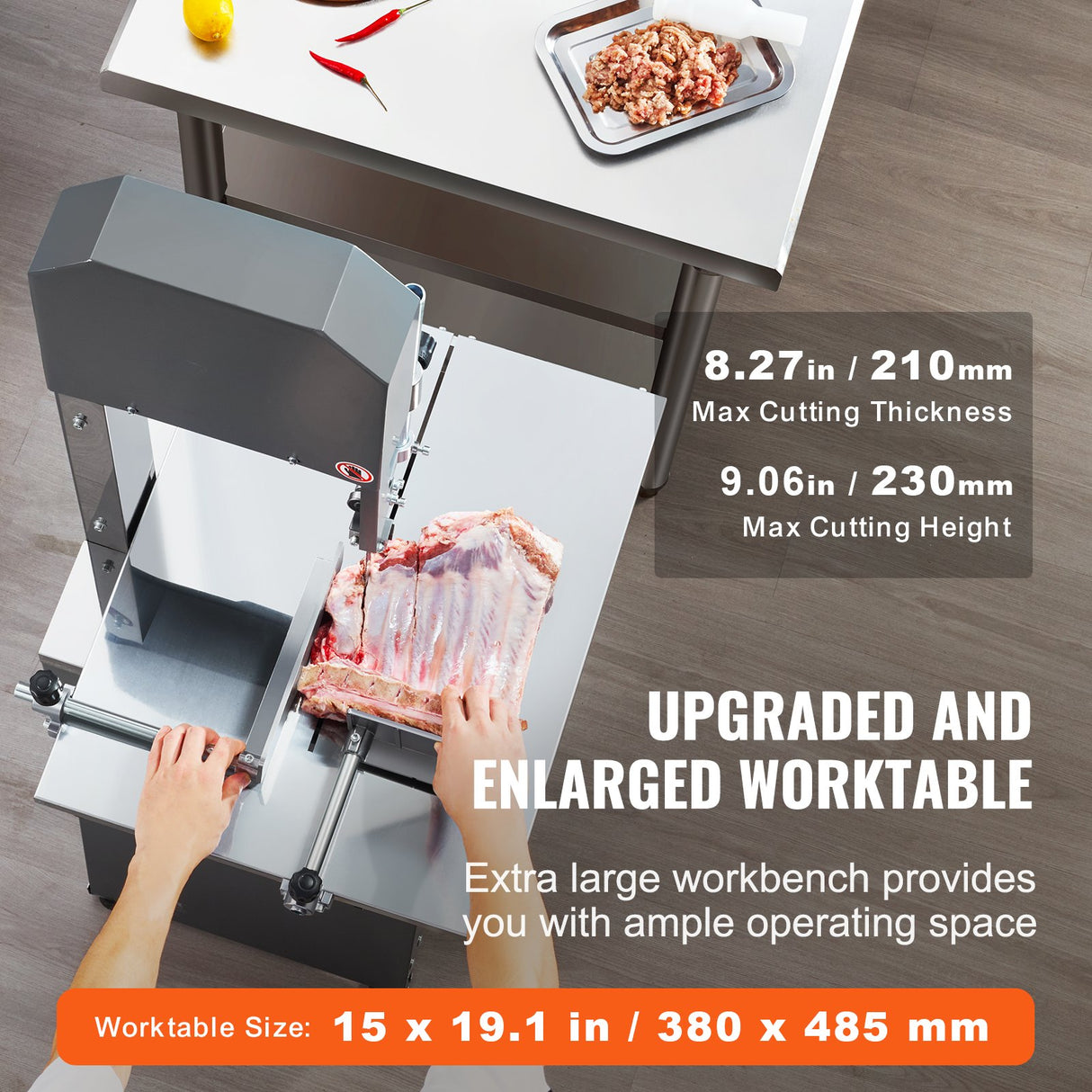 Meat grinding head attached to the commercial bone saw machine