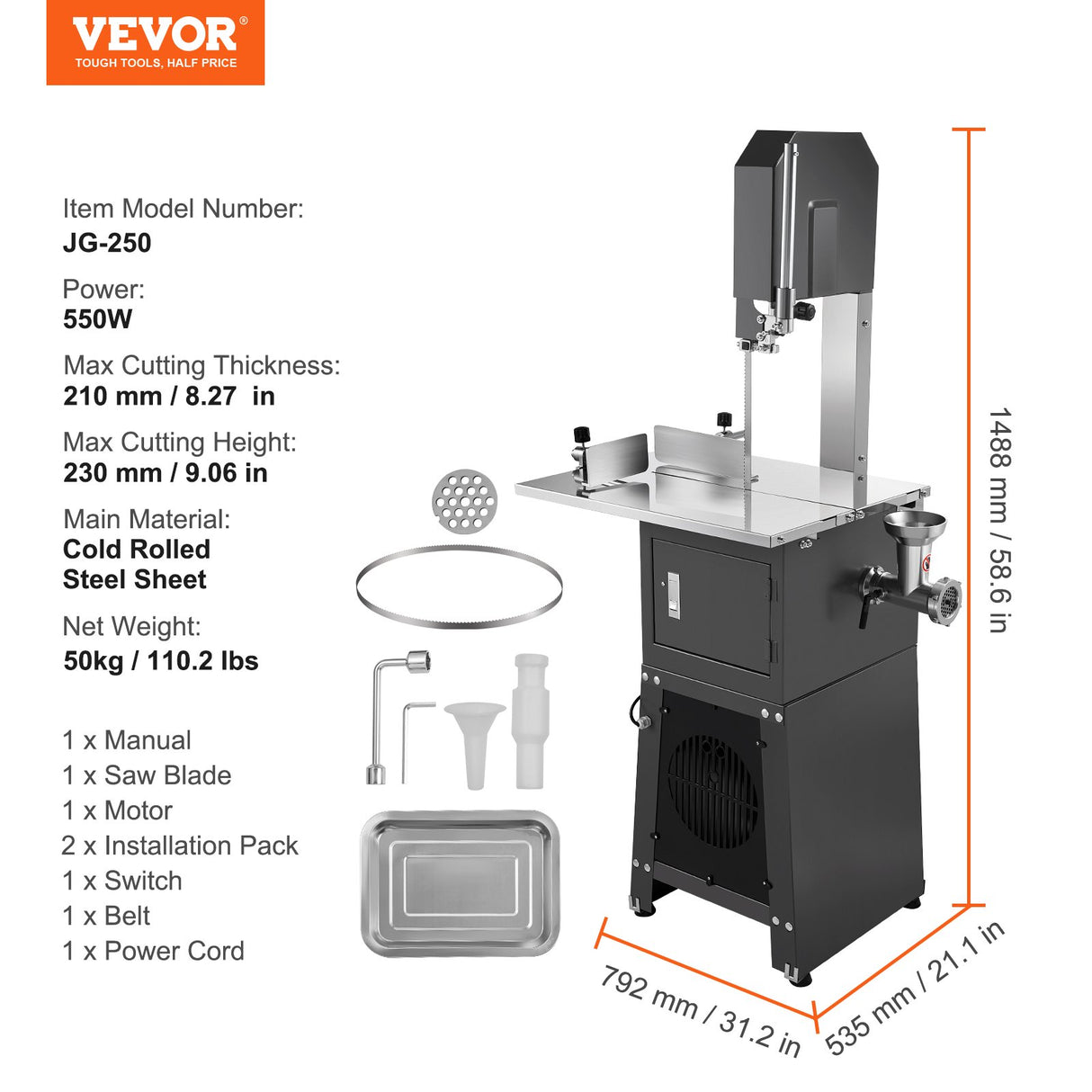 Frozen meat and bone being cut on the 550 W bandsaw