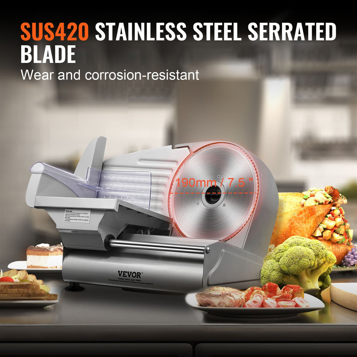 190 mm SUS420 stainless steel blade of the electric food slicer