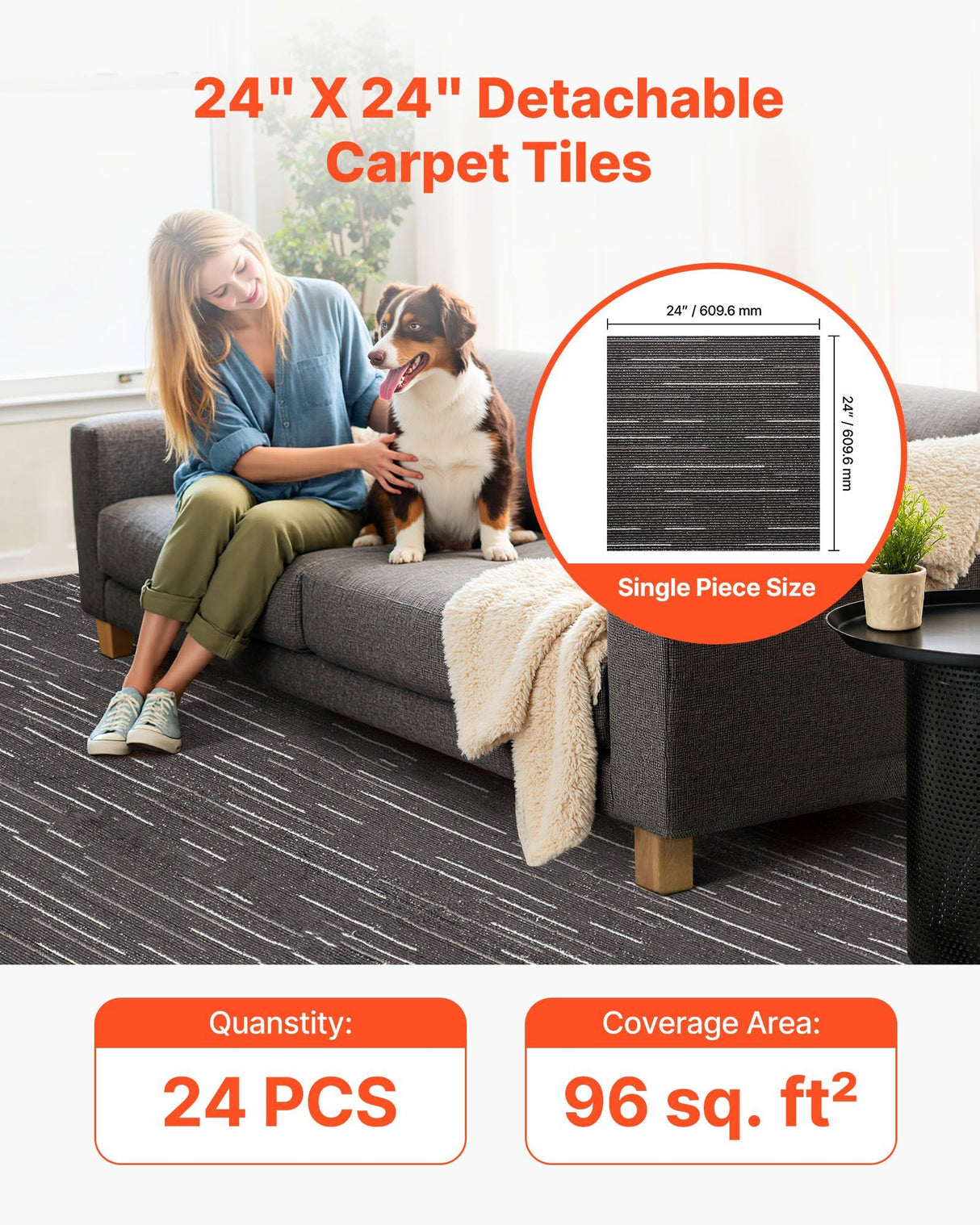 Desenzano Carpet Tiles, Reusable, Soft Padded, 610x610mm, Grey, 24pcs