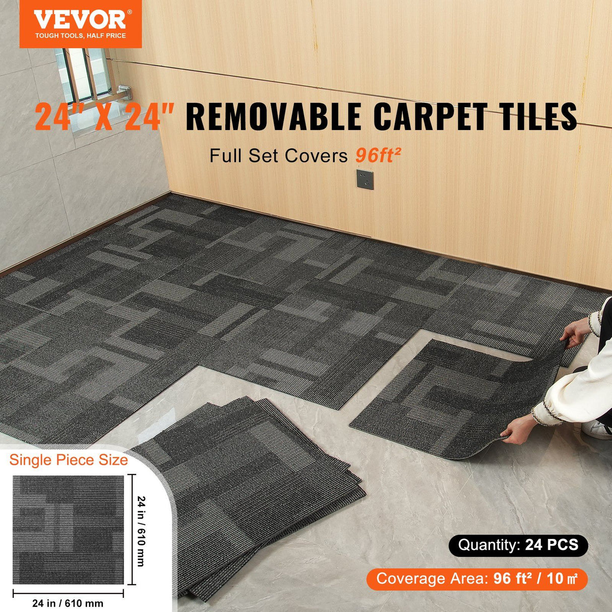 Salo Carpet Tiles, Reusable, Soft Padded, 24x24 inch, Mixed Grey, 24pcs