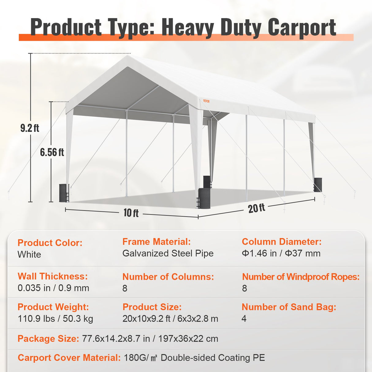 Sandbag and nylon rope anchoring the carport canopy against wind