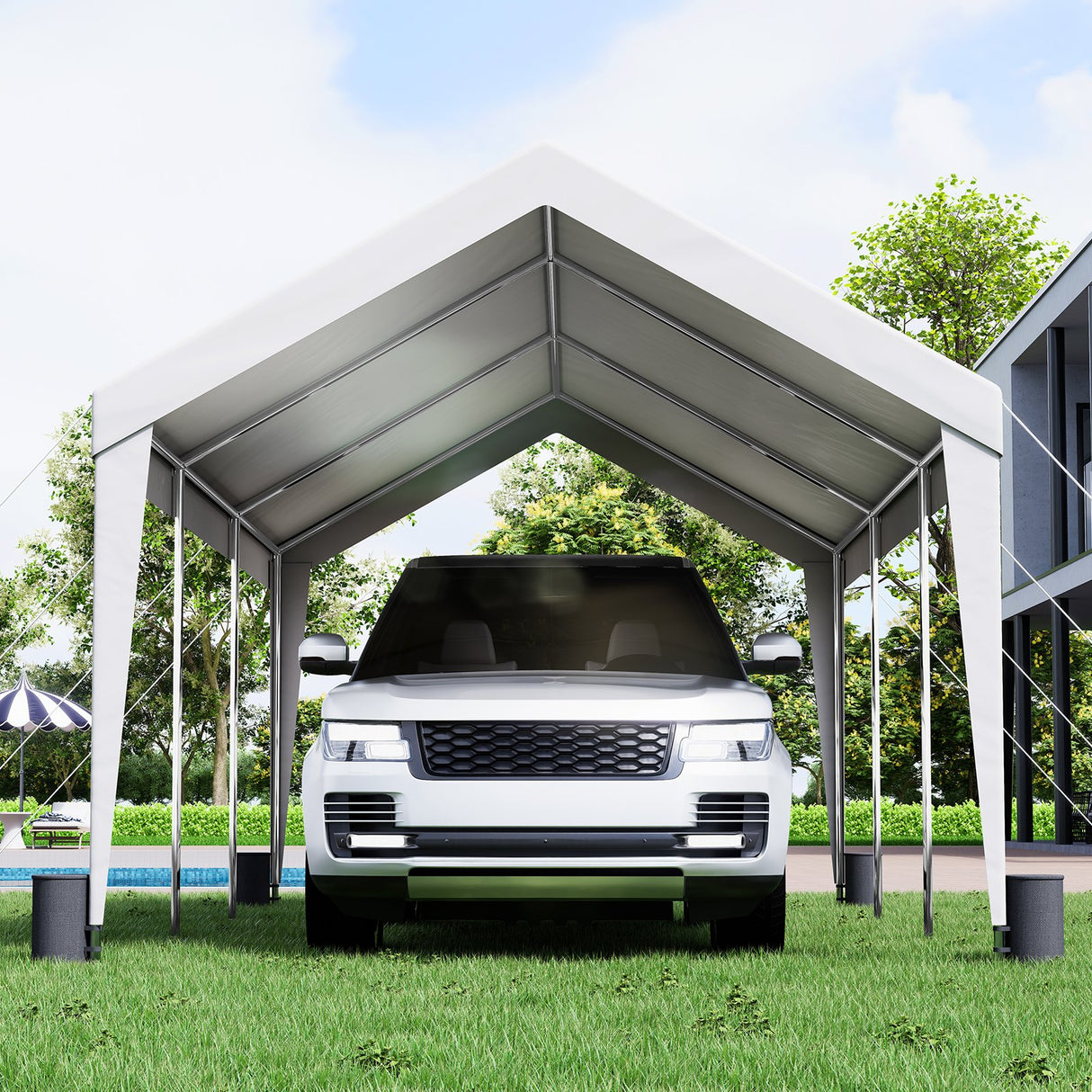 Carport canopy used as a shade shelter for an outdoor gathering