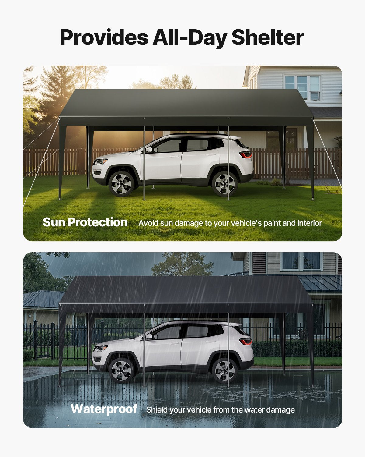 Car parked under the grey carport canopy for shade and rain cover