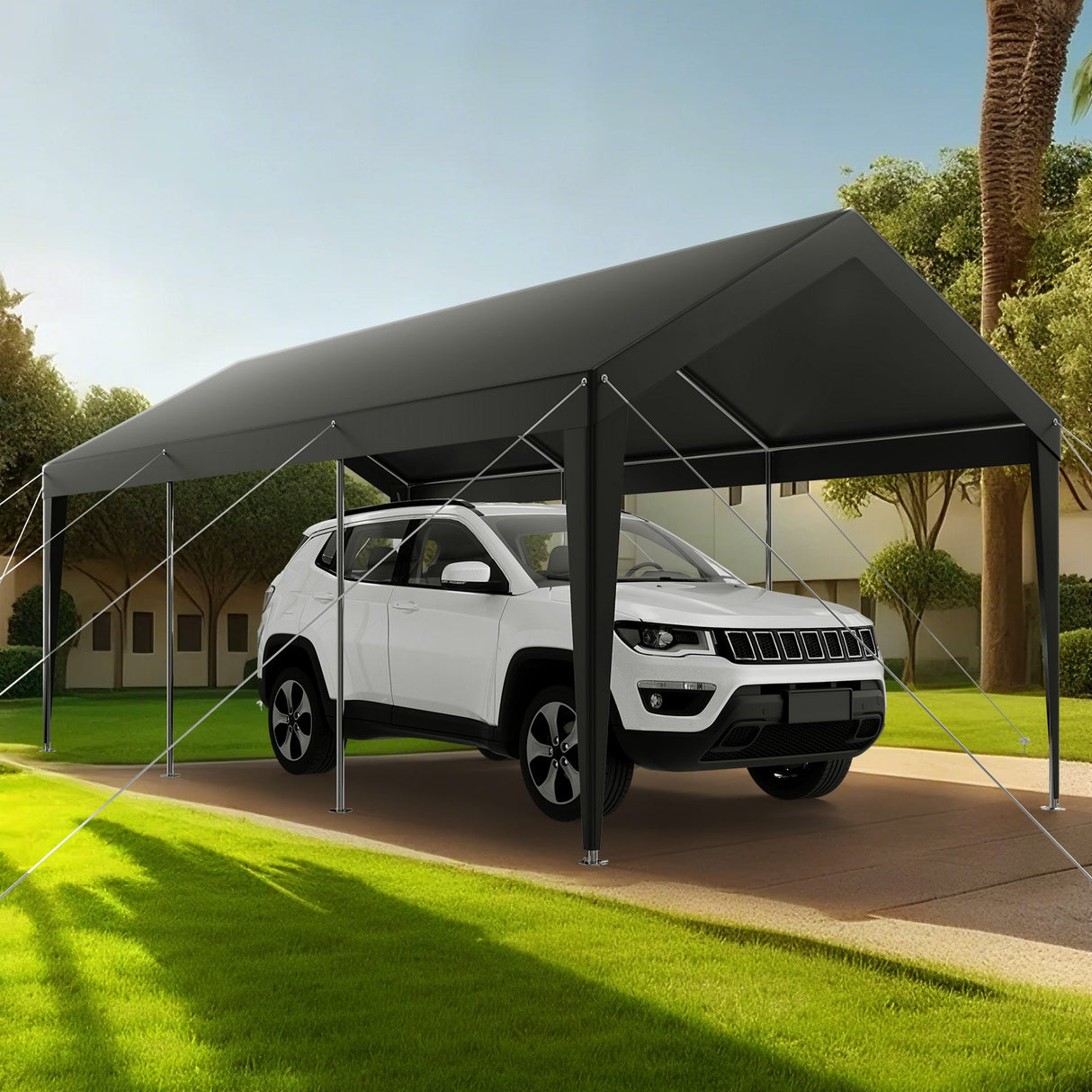 Interior view of the carport showing headroom and frame spacing