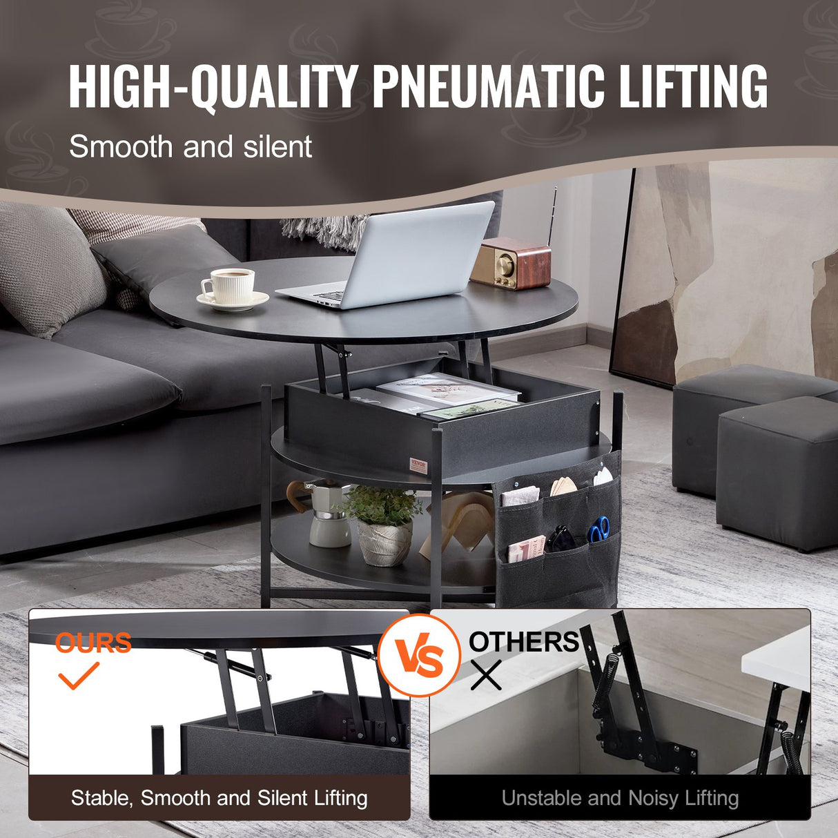 Black round lift top coffee table with hidden storage