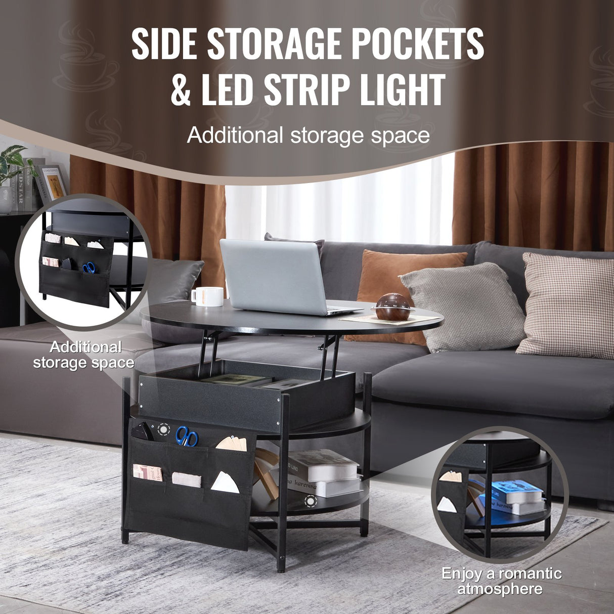 Black round lift top coffee table with hidden storage