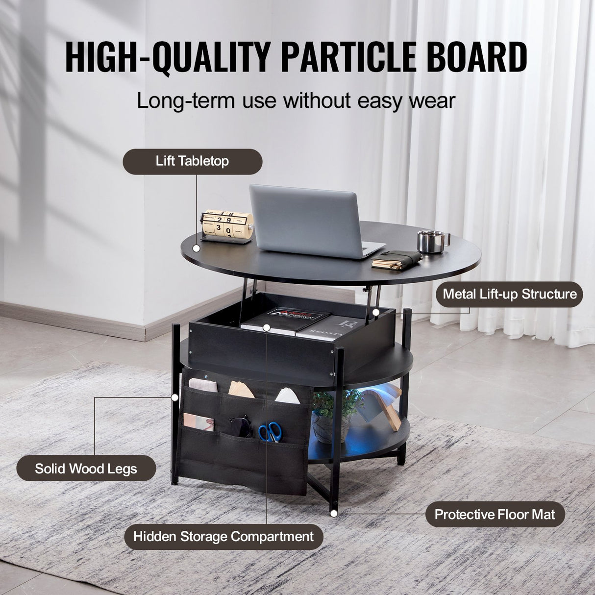 Black round lift top coffee table with hidden storage