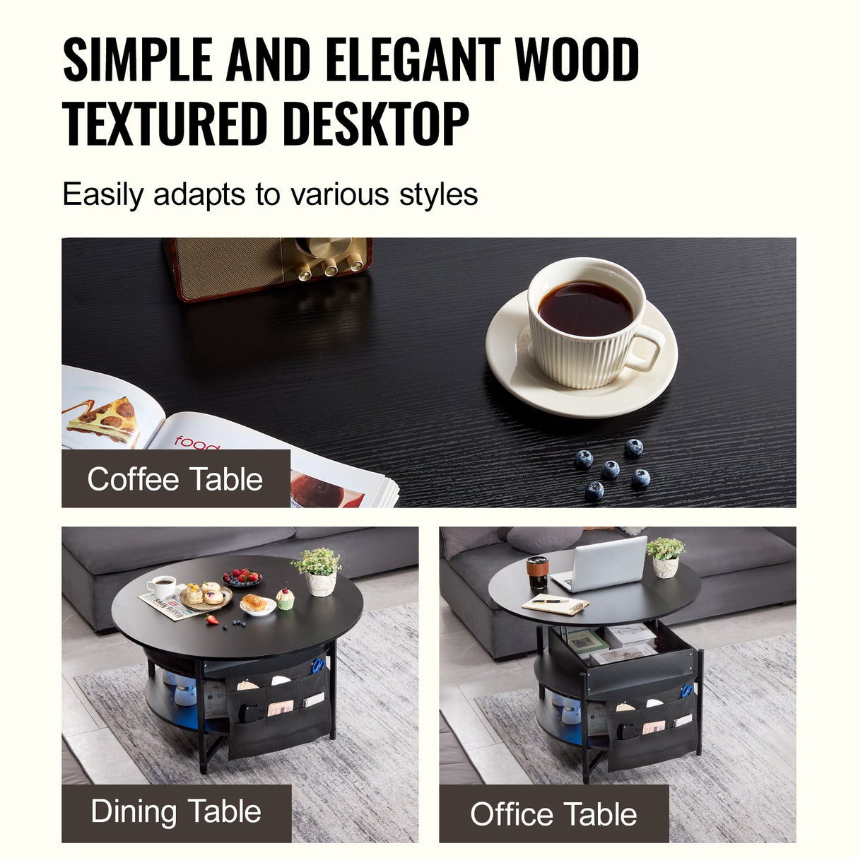 Black round lift top coffee table with hidden storage