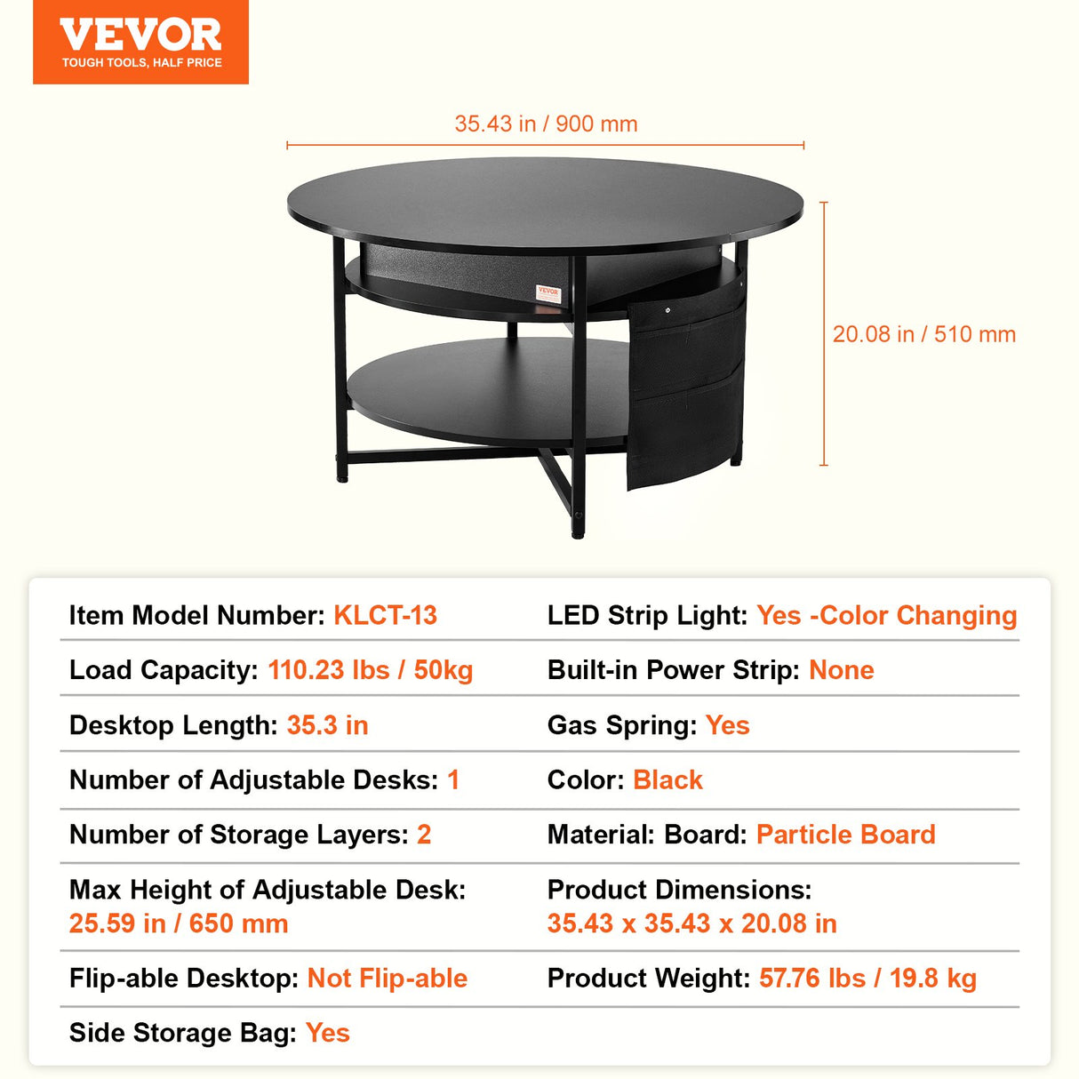Black round lift top coffee table with hidden storage
