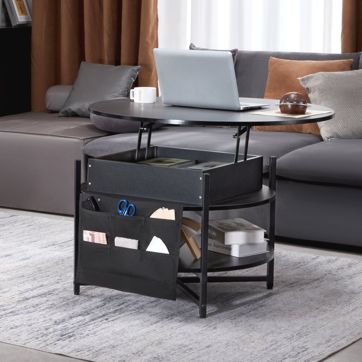Black round lift top coffee table with hidden storage