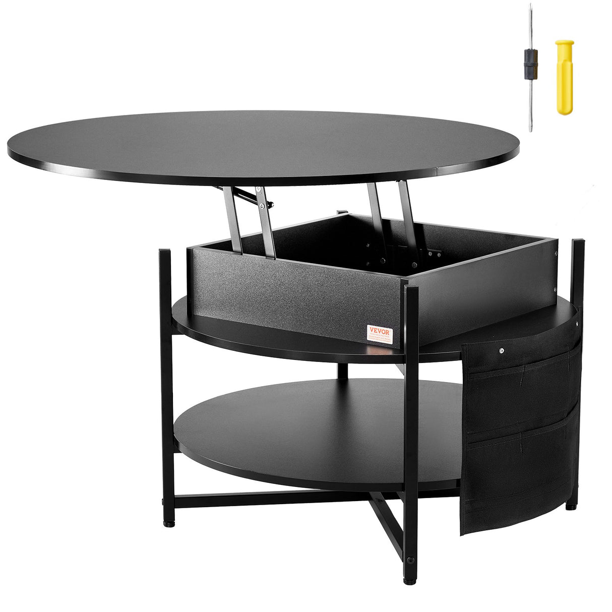 Black round lift top coffee table with hidden storage