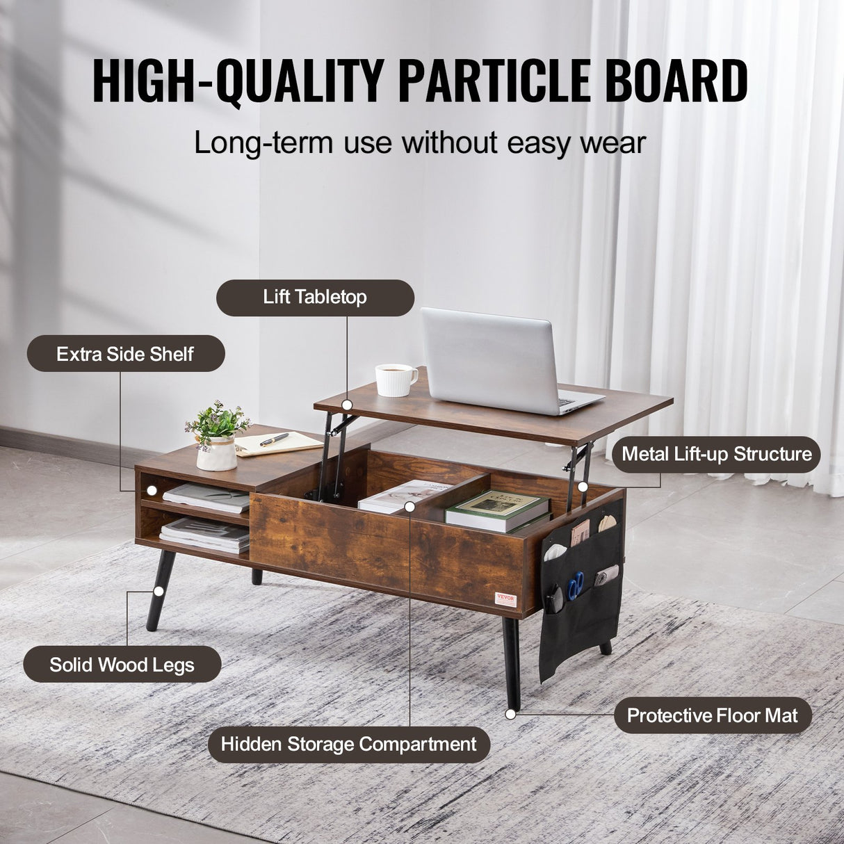Brown rectangular lift top coffee table with hidden storage