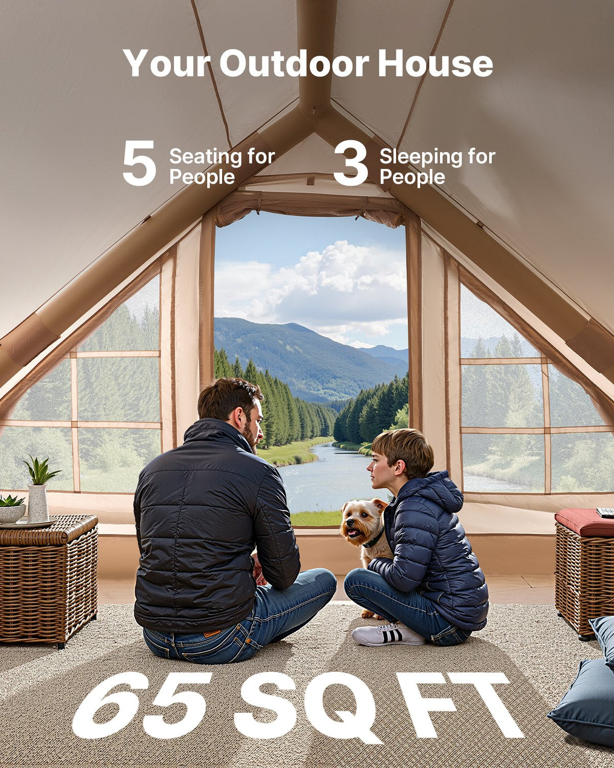 Inflatable Glamping Tent, 3-5 Person, 4-Season, with Canopy and Stove Jack