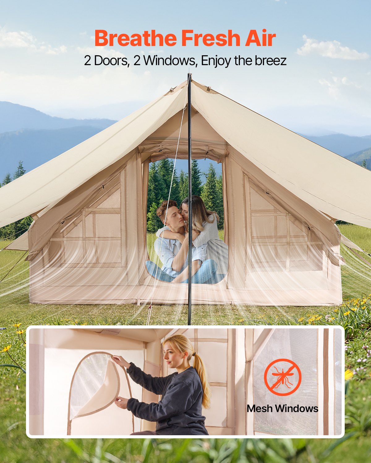 Inflatable Glamping Tent, 3-5 Person, 4-Season, with Canopy and Stove Jack