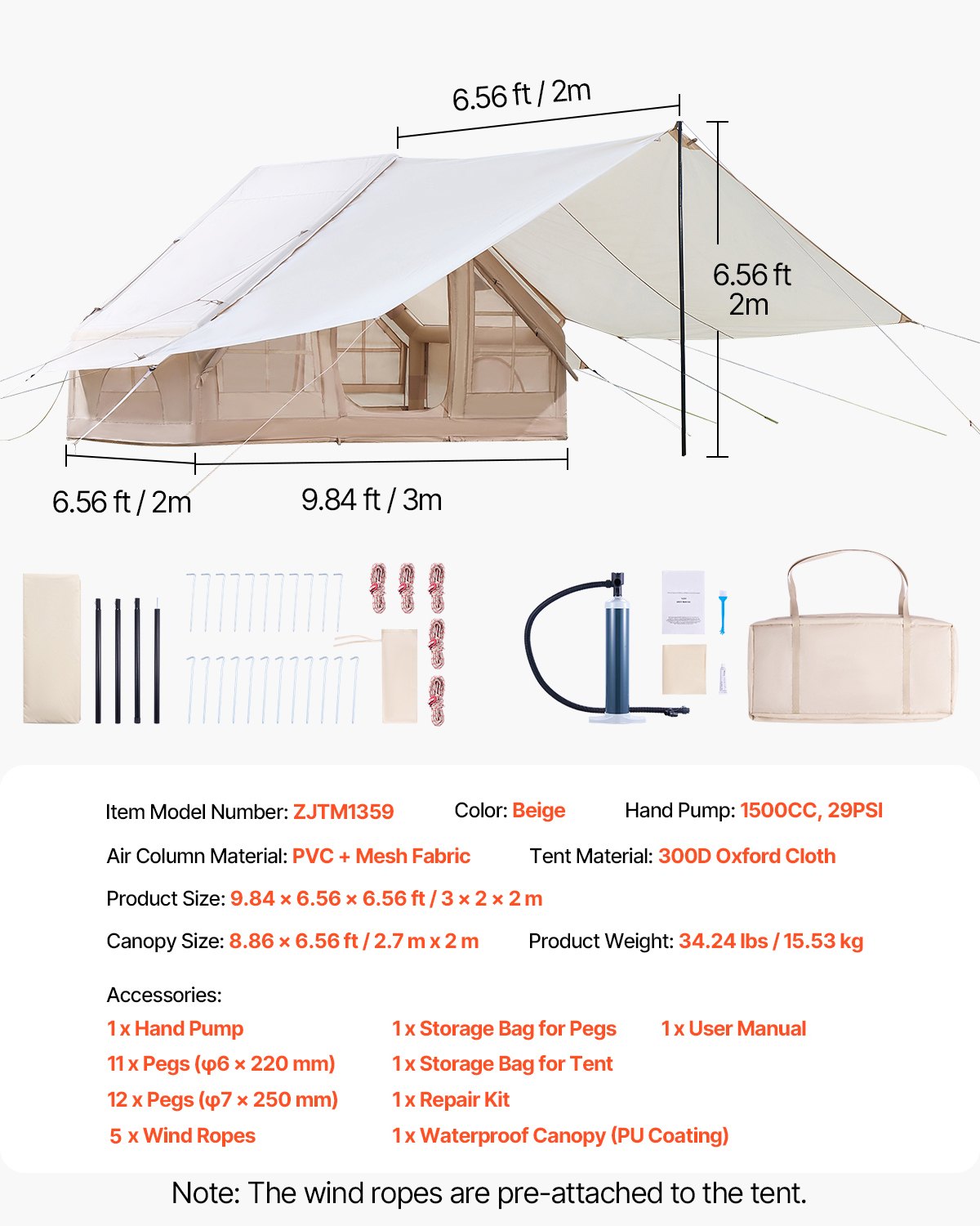 Inflatable Glamping Tent, 3-5 Person, 4-Season, with Canopy and Stove Jack