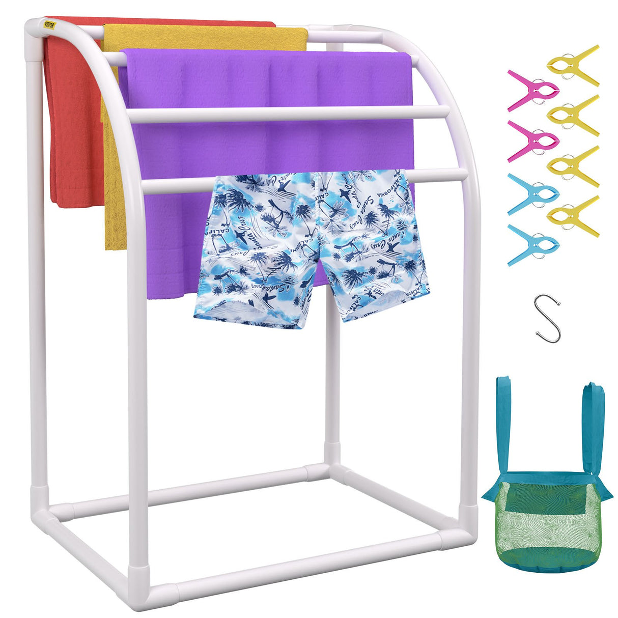 VEVOR 5-Bar Milky White Freestanding Pool Towel Rack — PVC Curved, 8 Clips, Mesh Bag — Allure Home Collections