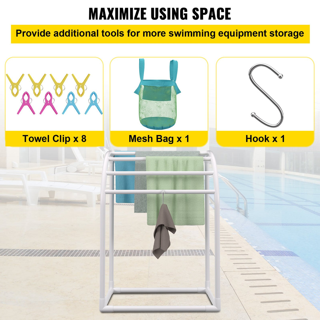VEVOR 5-Bar Milky White Freestanding Pool Towel Rack — PVC Curved, 8 Clips, Mesh Bag — Allure Home Collections