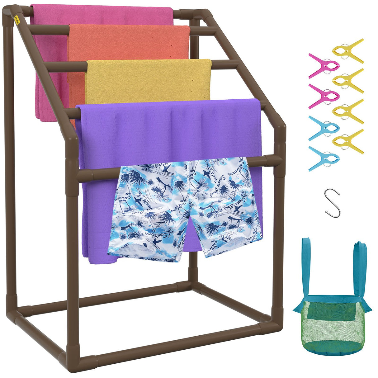 VEVOR 5-Bar Brown Freestanding Pool Towel Rack — PVC Trapezoidal, 8 Clips, Mesh Bag — Allure Home Collections