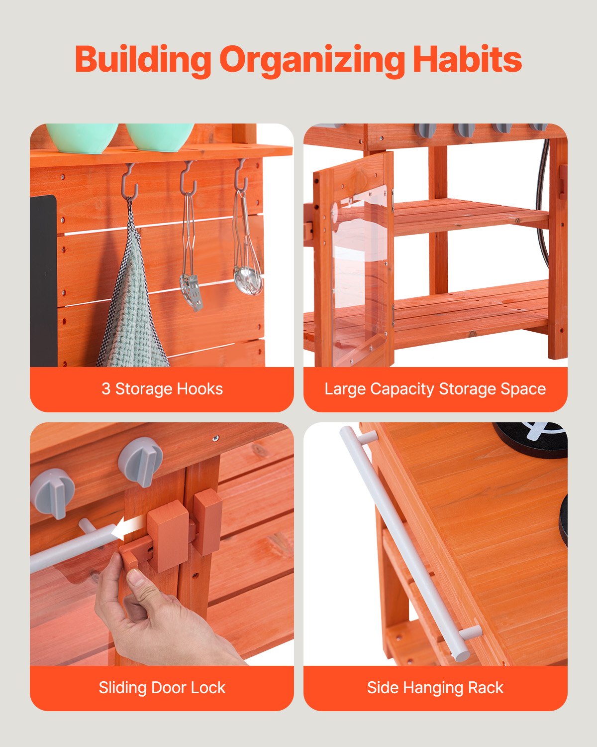 Mud kitchen storage shelves and cabinets