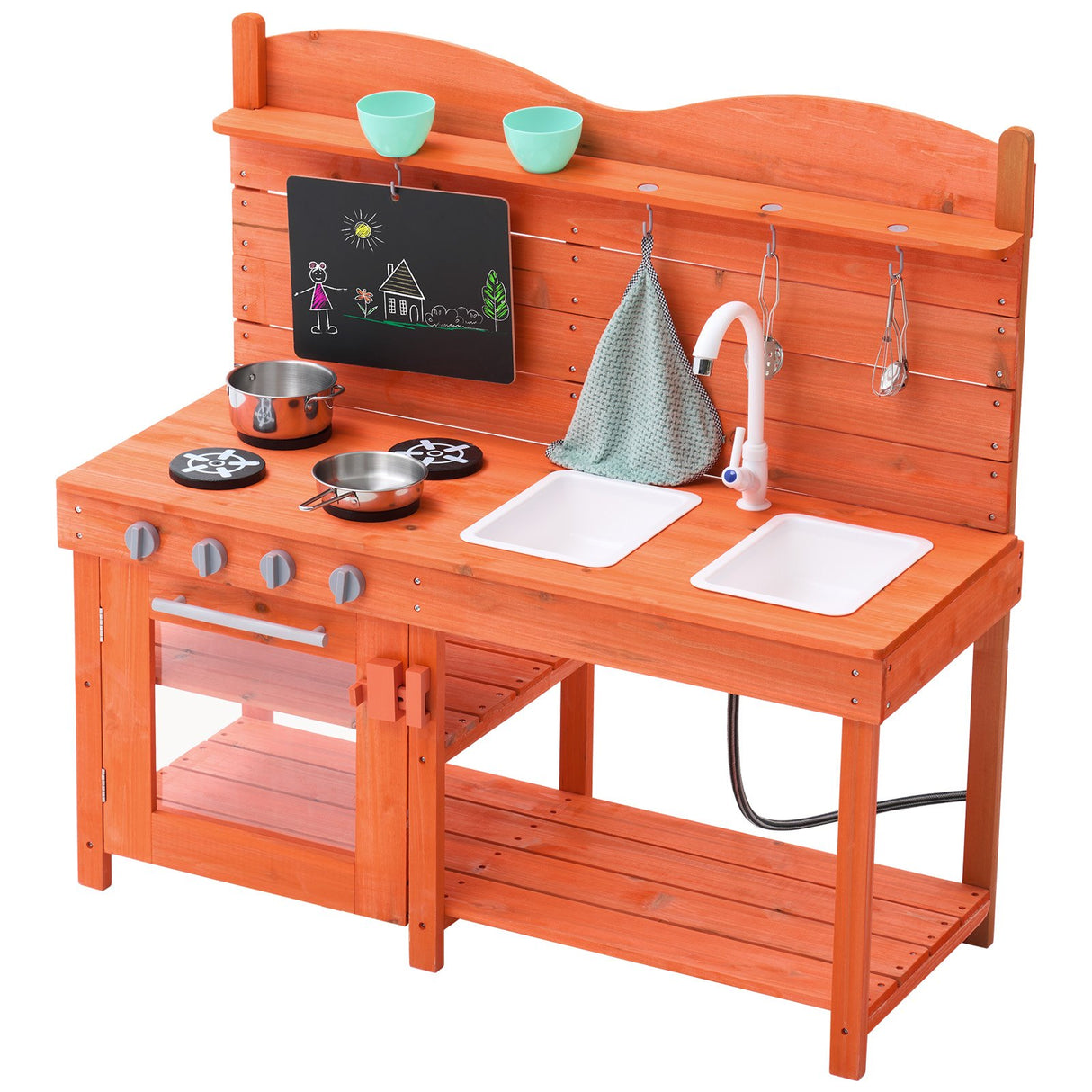 Wooden outdoor mud kitchen in use