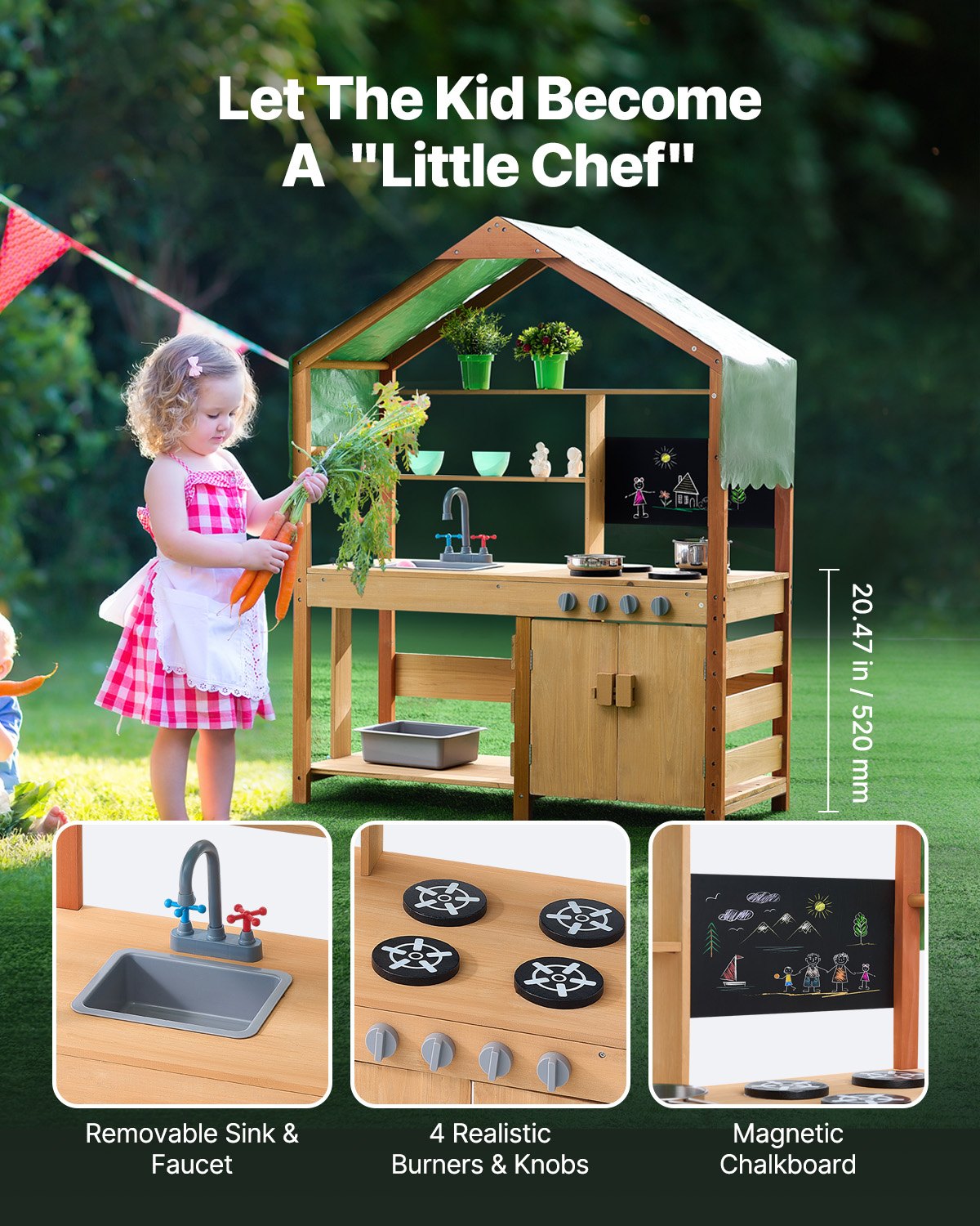 Wooden mud kitchen open shelves and cupboard