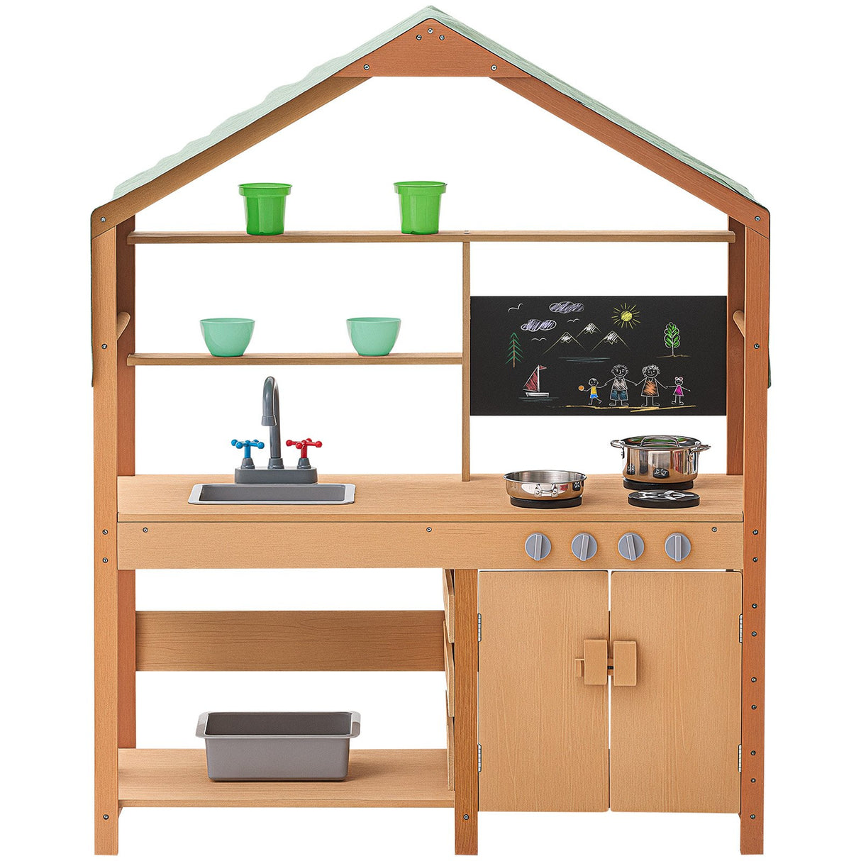 Wooden mud kitchen side view with canopy