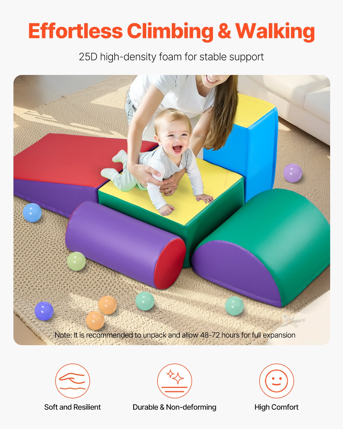 Toddler climbing on soft foam blocks