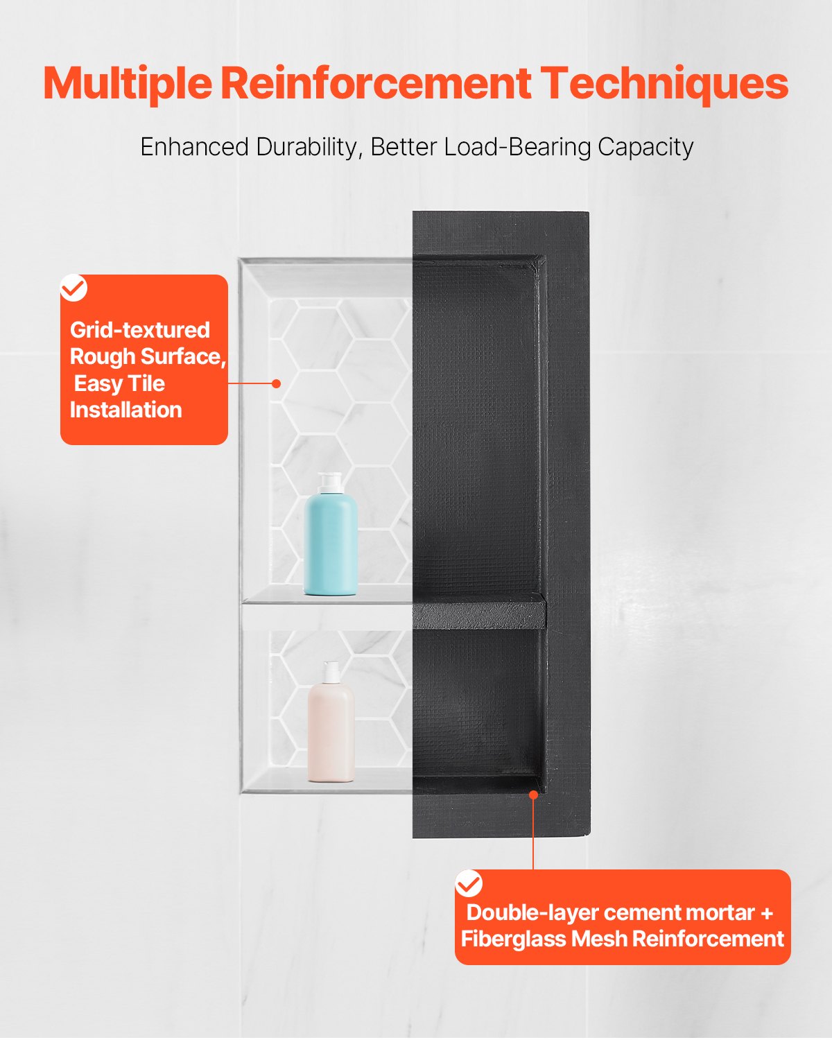 Recessed ready-to-tile double shelf shower niche, 40 x 71 cm