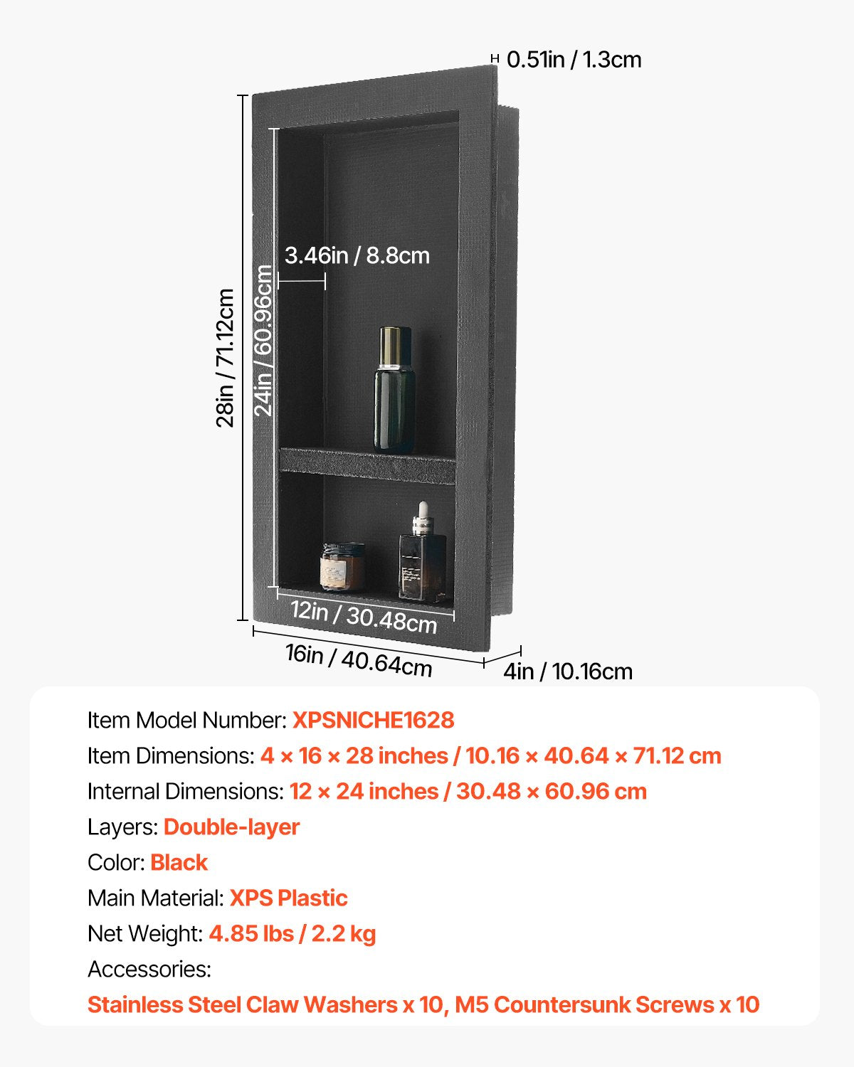 Recessed ready-to-tile double shelf shower niche, 40 x 71 cm