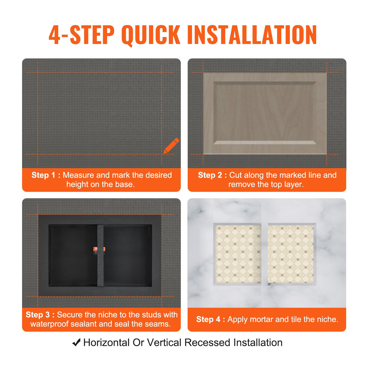 Recessed ready-to-tile double shelf shower niche, black, 40 x 60 cm