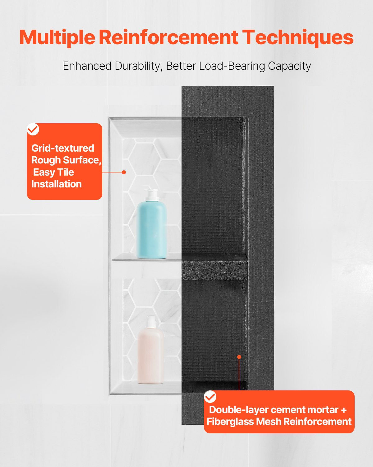 Recessed ready-to-tile double shelf shower niche, 40 x 81 cm, set of two