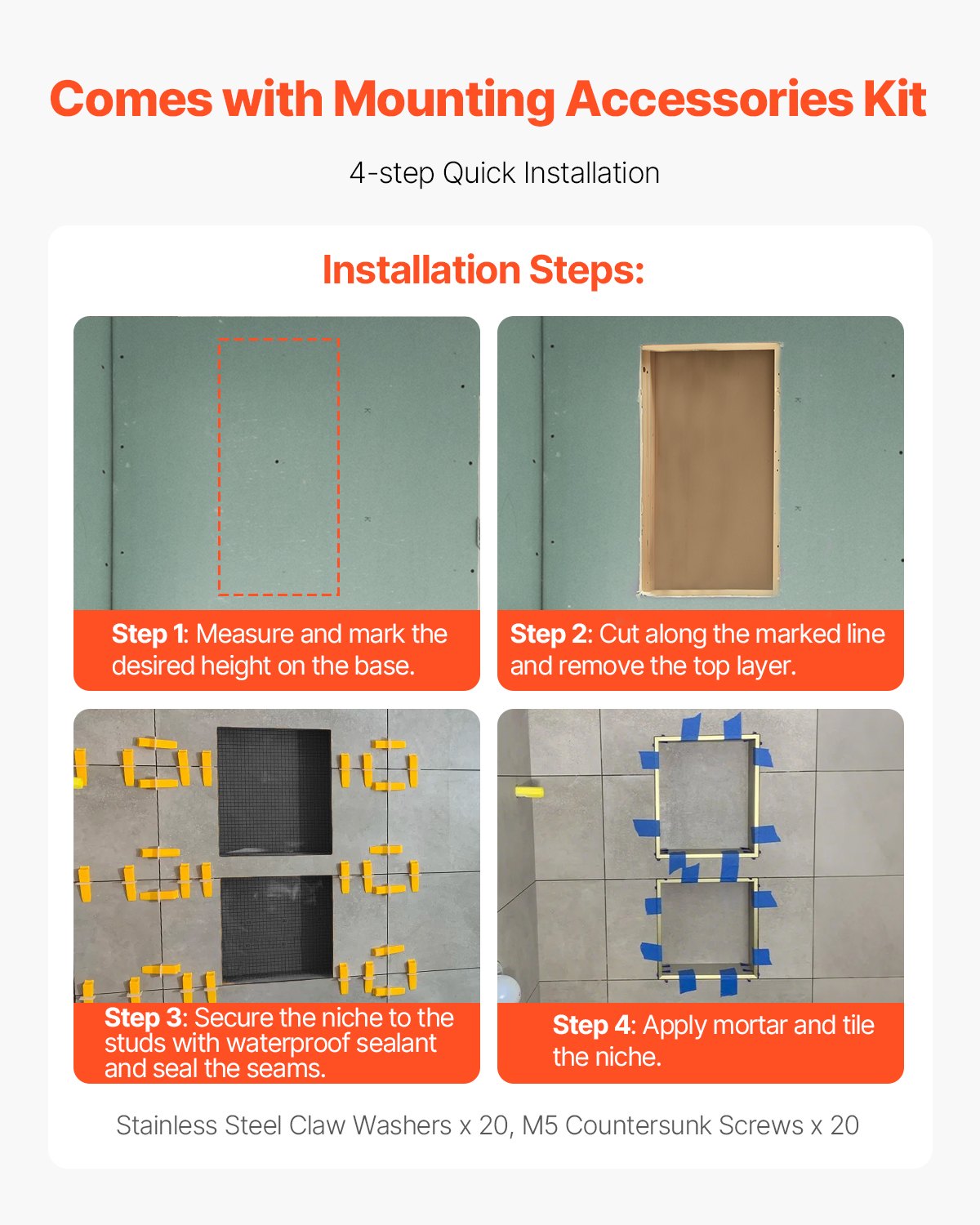 Recessed ready-to-tile double shelf shower niche, 40 x 81 cm, set of two