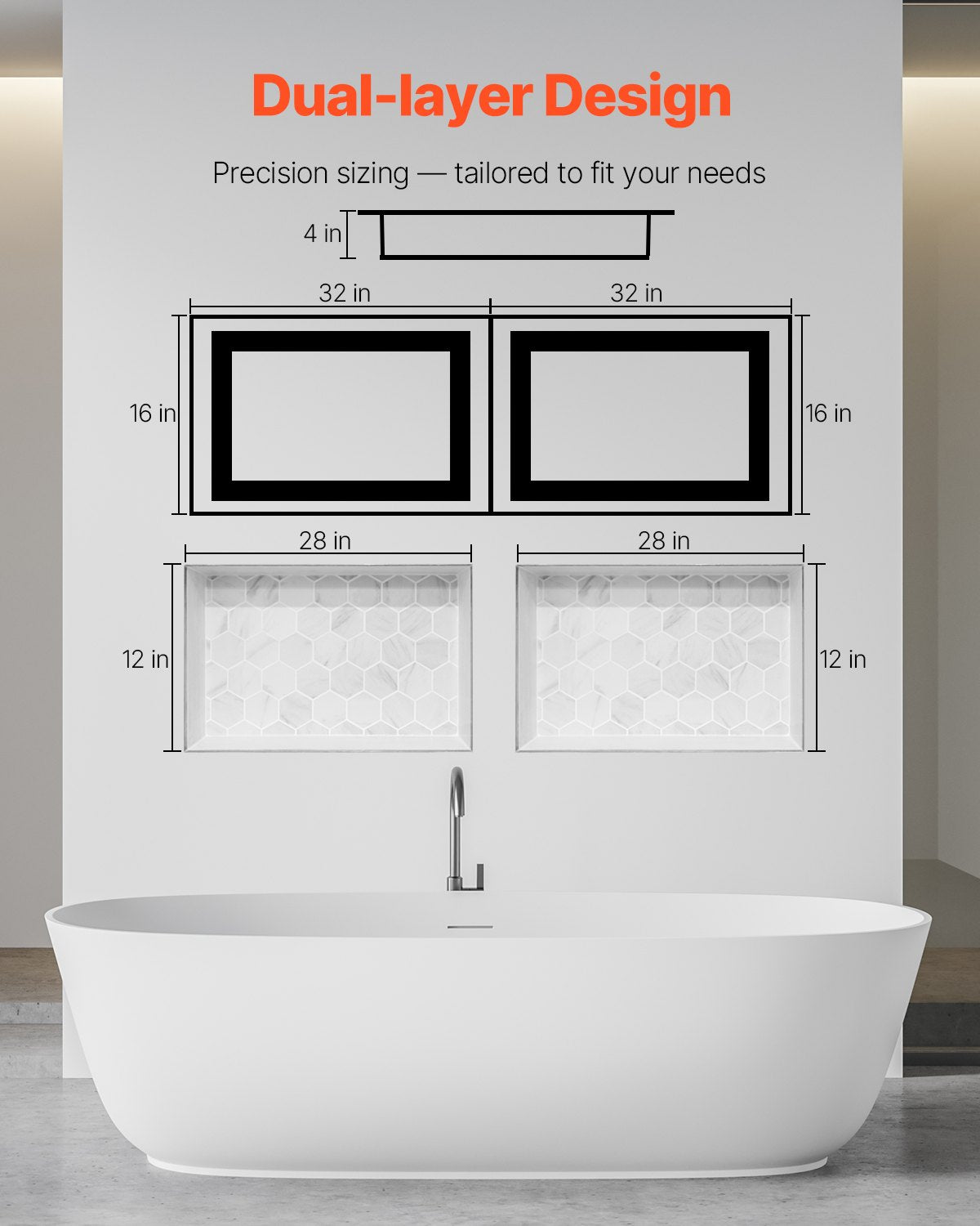 Recessed ready-to-tile double shelf shower niche, 40 x 81 cm, set of two