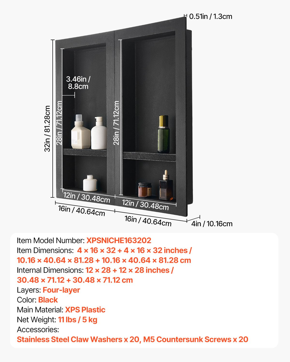 Recessed ready-to-tile double shelf shower niche, 40 x 81 cm, set of two