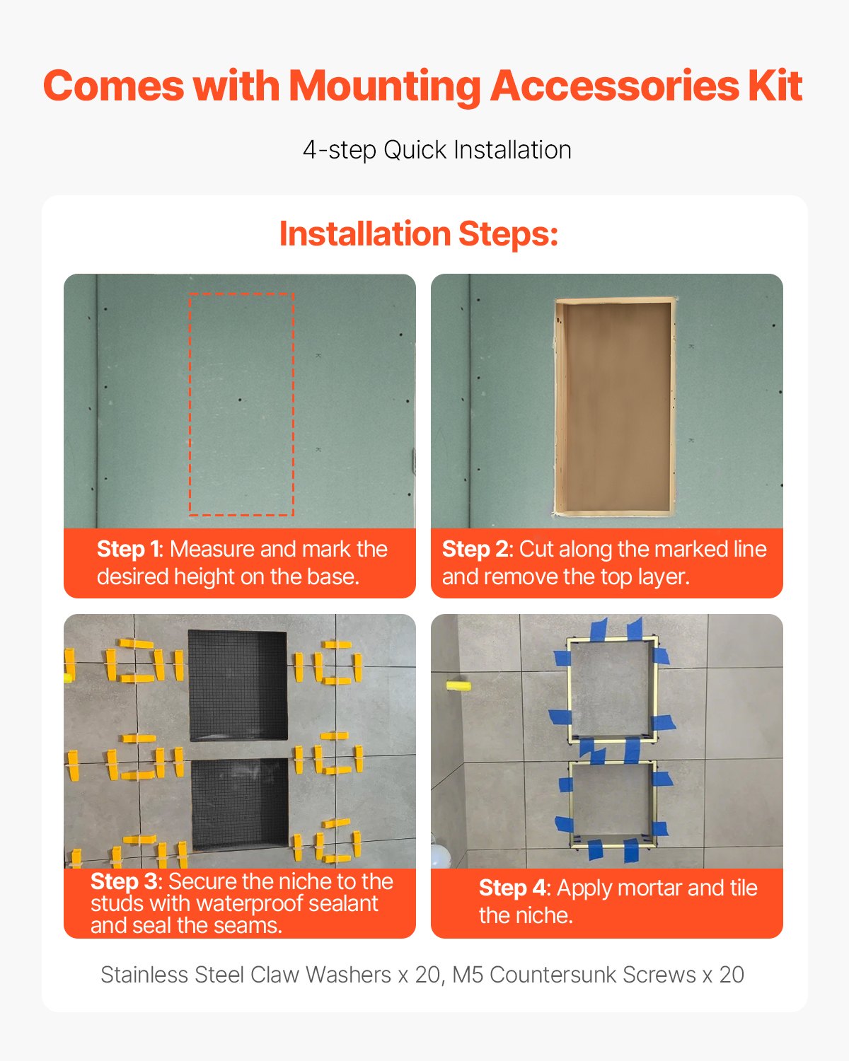 Recessed ready-to-tile double shelf shower niche, 40 x 61 cm, set of two