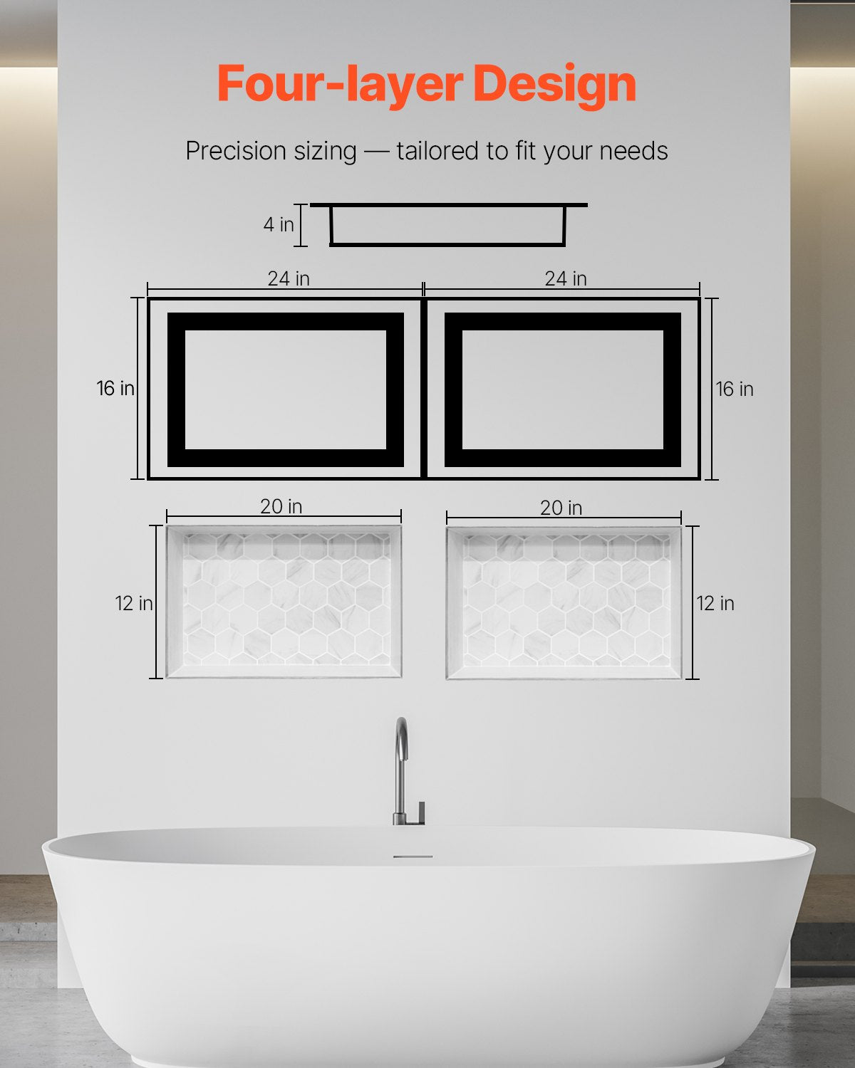 Recessed ready-to-tile double shelf shower niche, 40 x 61 cm, set of two