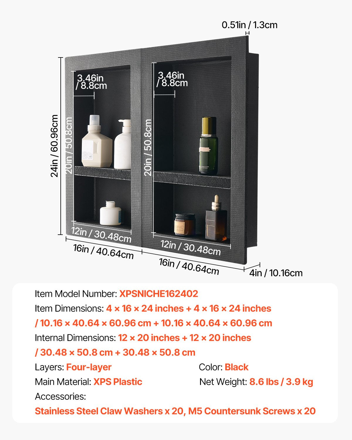 Recessed ready-to-tile double shelf shower niche, 40 x 61 cm, set of two