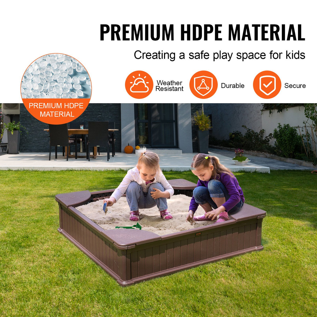 Square Sandbox with Cover and 4 Corner Seats, Brown