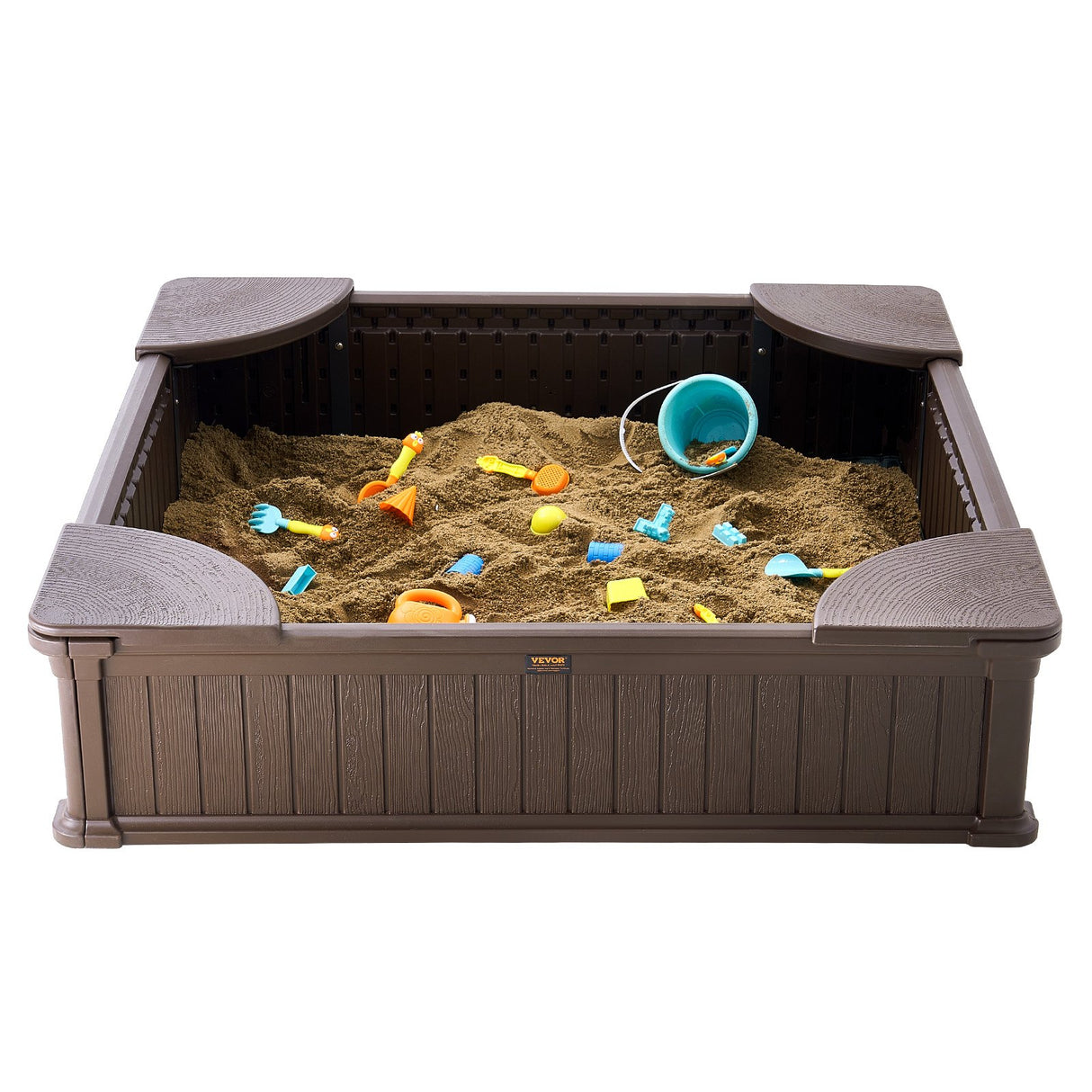 Square Sandbox with Cover and 4 Corner Seats, Brown