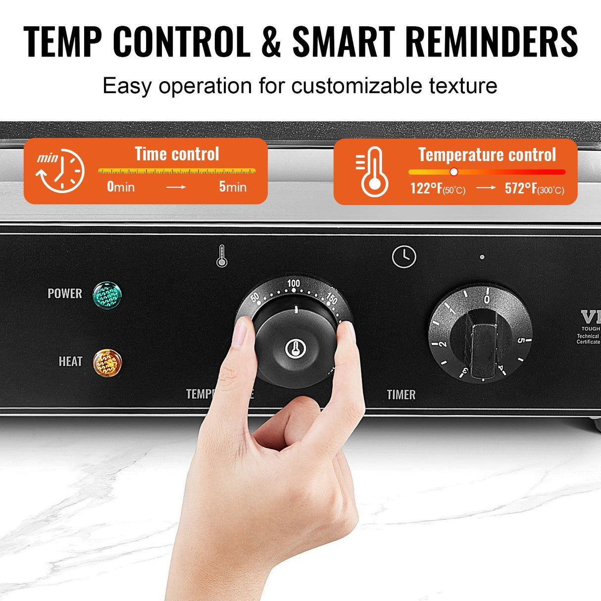Temperature control knob and timer on the 1550 W waffle maker