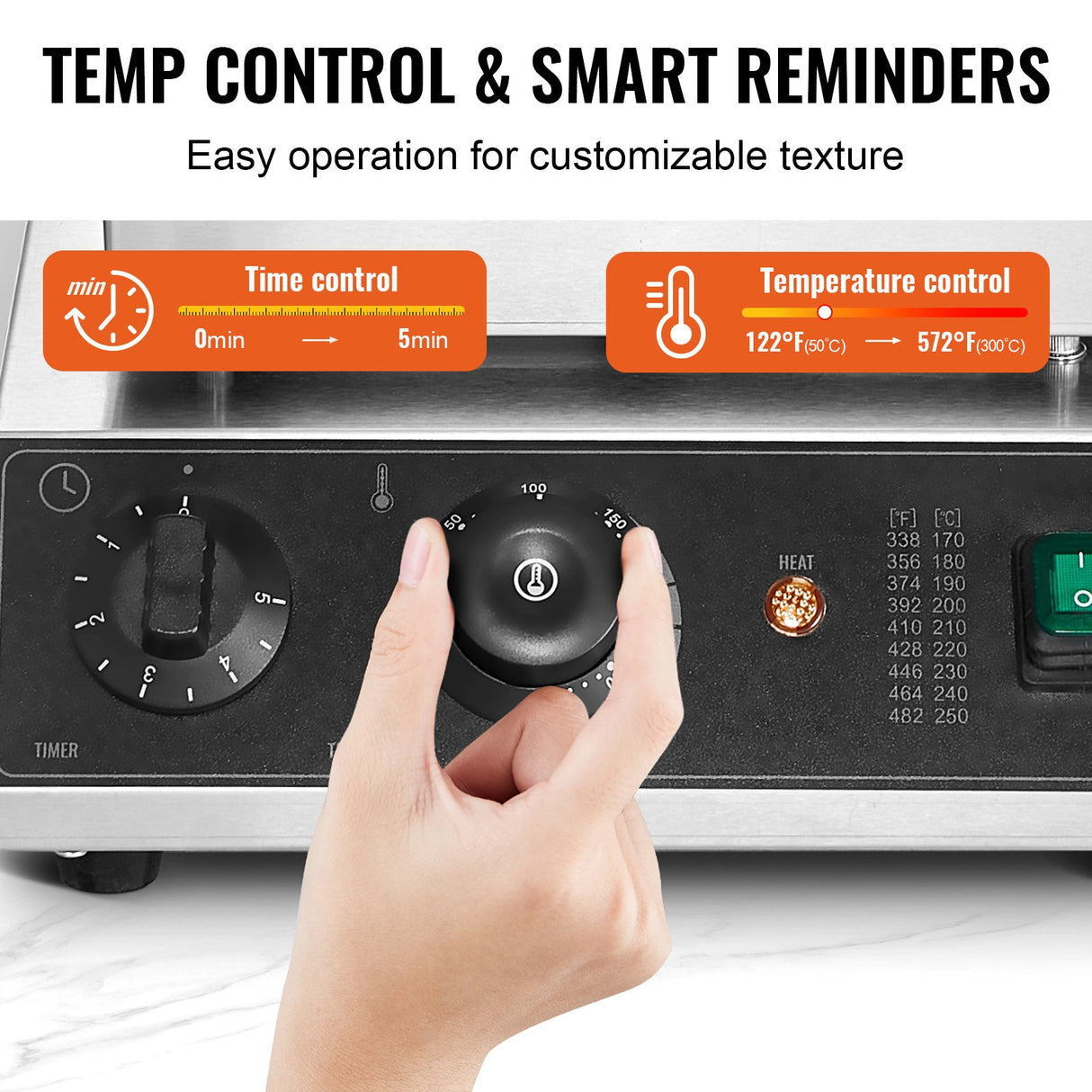 Temperature and timer controls on the 1750 W waffle machine