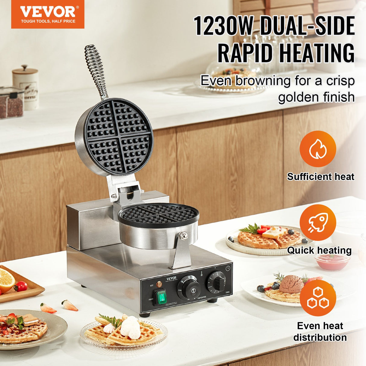Waffle iron opened showing the round non stick baking plates