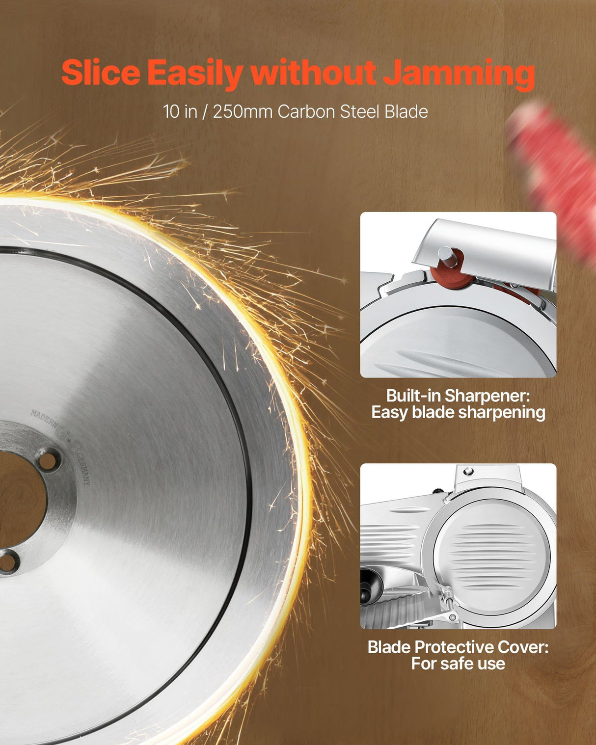 250 mm carbon steel blade close up on the electric deli slicer