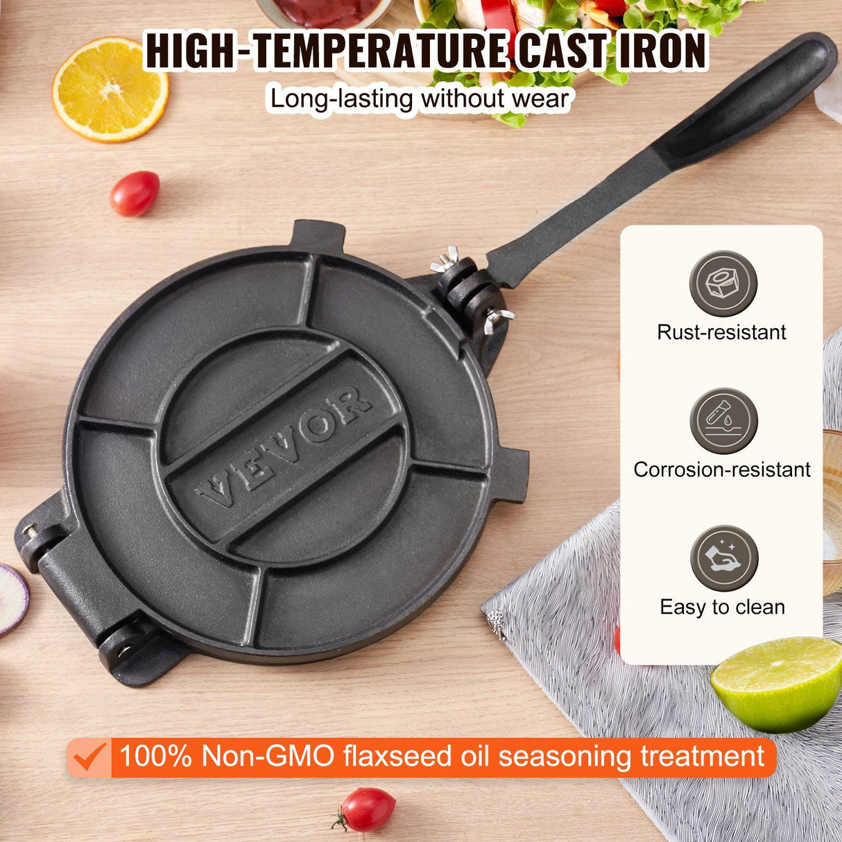 Reinforced handle on the heavy cast iron tortilla press