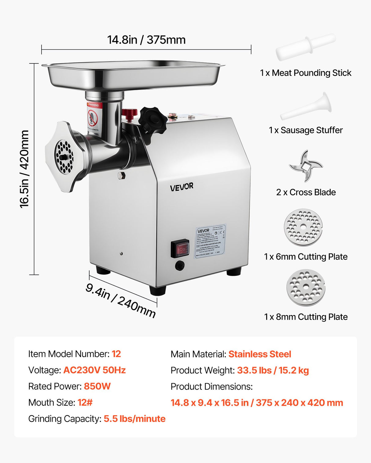 Mince extruded from the grinder head into a stainless steel tray