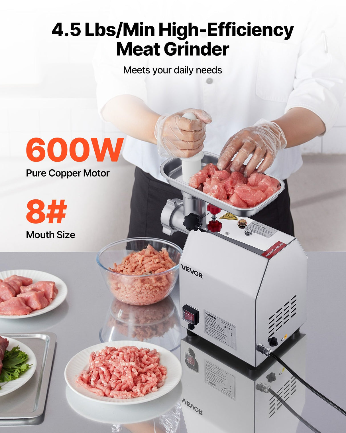 Front view of the meat grinder showing the control switch and grinding head